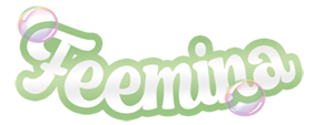 Logo Feemina weiß mit grünem Rand und Seifenblasen