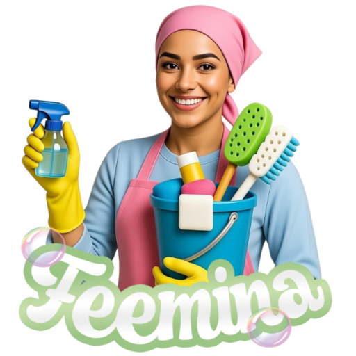 Reinigungskraft weiblich mit Staubwedel und Utensilien, lacht in die Kamera